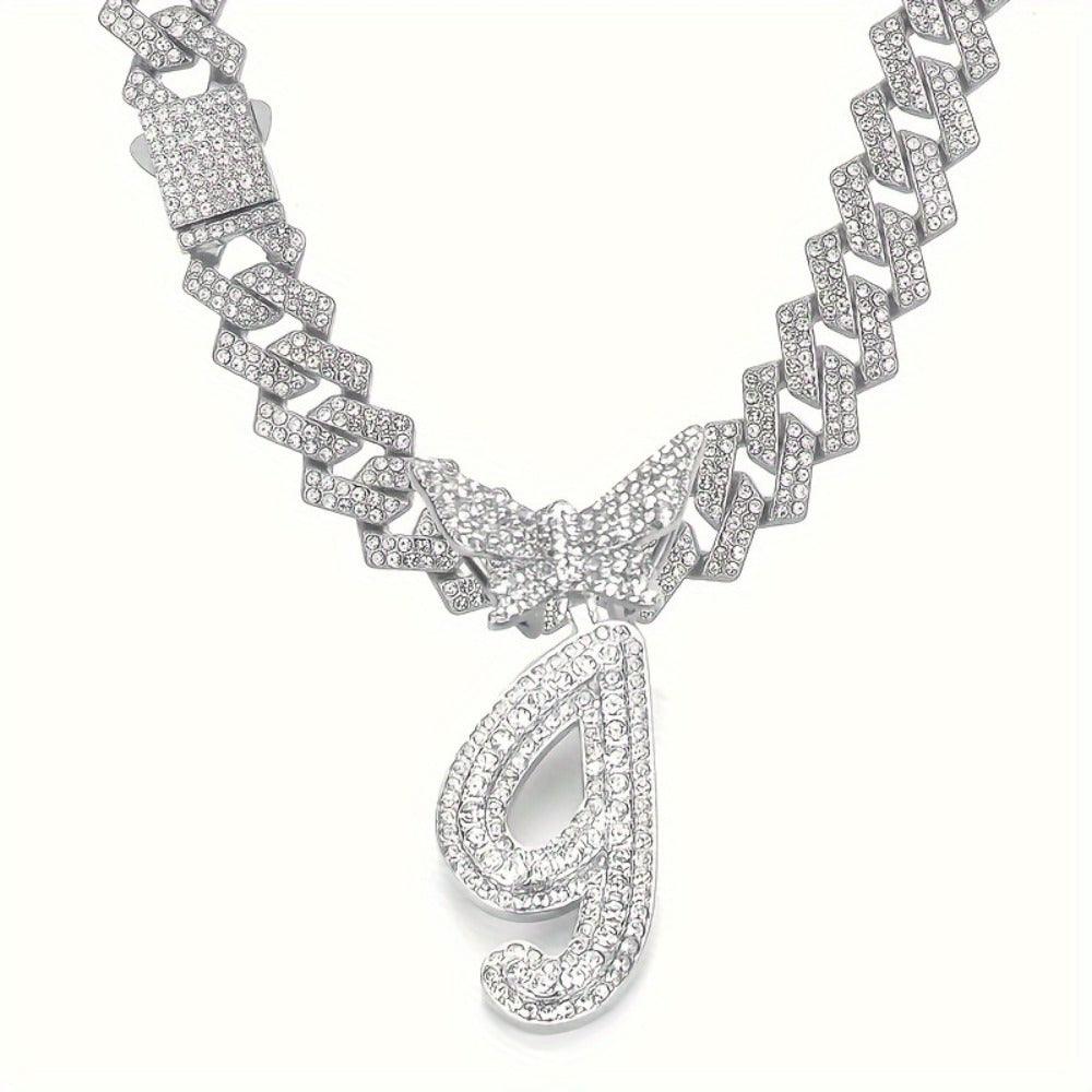 Cuban Link Chain Necklace - Initial Letter for Men Women - with Butterfly Alphabet Pendant A-Z, Gold & - product detail view