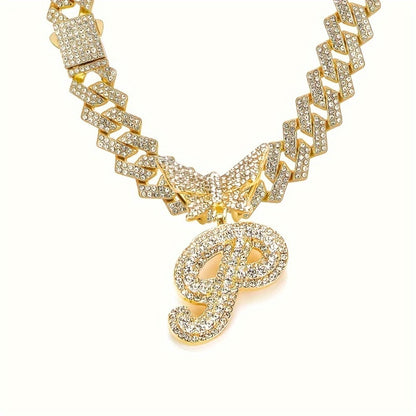 Cuban Link Chain Necklace - Initial Letter for Men Women - with Butterfly Alphabet Pendant A-Z, Gold & - product detail view