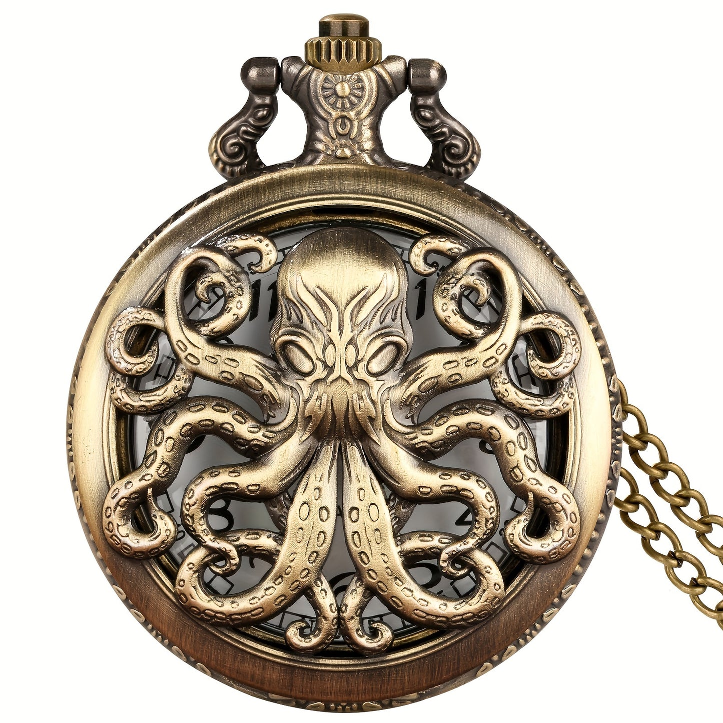 Vintage Octopus Pocket Watch Necklace Pendant Copper Quartz World Time Retro Steampunk Jewelry Gift for Men Women Collectors