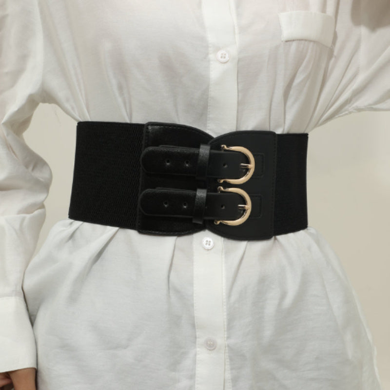 Corset Belt for Women Elastic Wide - Stretchy Bimetallic Buckle Waist Belt for Dresses Shirts Coats Suits, Casual Fashion Cinch Belt for Party Commute Street Holiday Outfits One Size Black