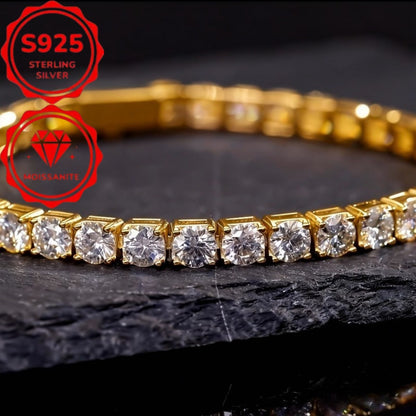 Moissanite Tennis Bracelet S925 Sterling Silver Gold - 4mm Bright Cut Arranged Stones, Elegant French Style Women's Bracelet for Wedding Birthday Gift, 6-9 Inch