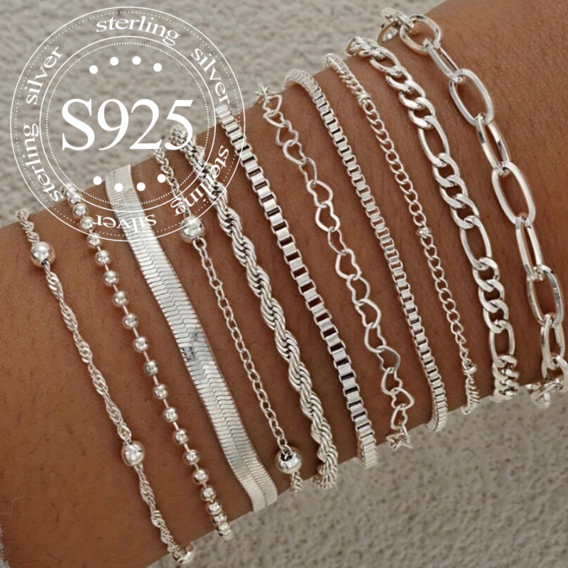[Holiday Accessories Gift Set] 925 Sterling Silvery Bracelet Set - 11 Simple Twisted Snake Chain Bangle for Women, Perfect for Holidays and Casual Attire, Holiday Accessories, Gift Set, Bohemian Style, Vintage Jewelry, Fine Craftsmanship, Durable Bangle,