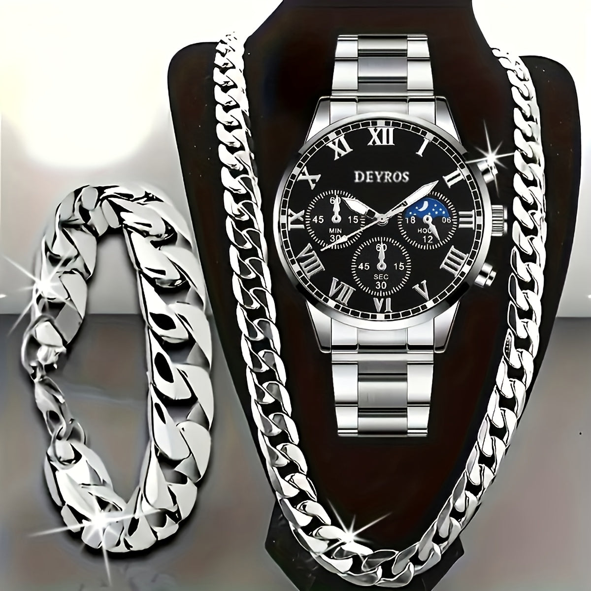 Stainless Steel Watch Set for Men 3pcs Business Chronograph Quartz Watch Necklace Bracelet World Time Analog Gift Set Professional Formal