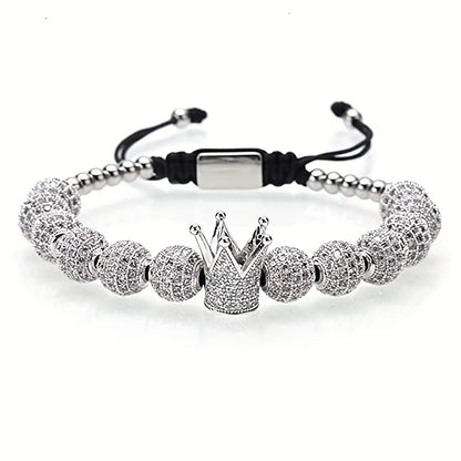 Men's Crown Bracelet 3-Piece Set – Hip Hop Prism Bead Woven Bling Bracelets Gold Silver Black Urban Streetwear Jewelry Gift for Him