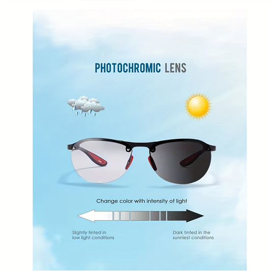 Photochromic Polarized Sunglasses Frameless Oval - TR90 Lightweight Auto-Darkening Mirrored UV400 Lens Men Women Driving Cycling with Hard Case