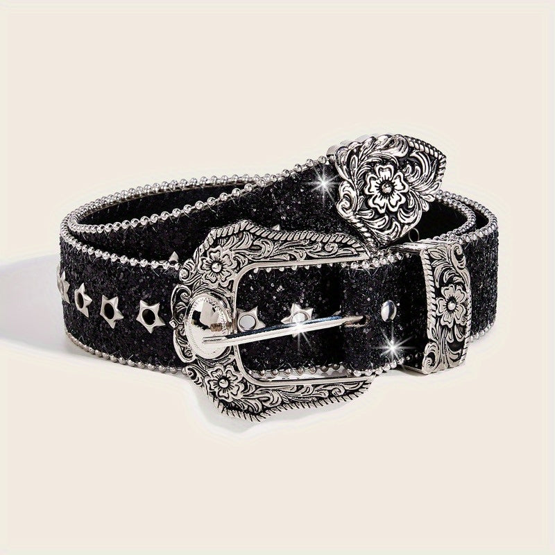 Rhinestone Belt Women Vintage Carved Buckle Waist Belt - Punk Street Style Studded Faux Crystal Dress Belt, One Size Adjustable, Trendy INS French Fashion Accessory for Party & Daily Wear