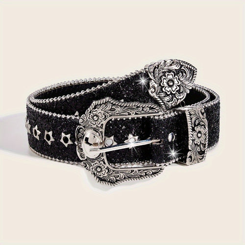 Rhinestone Belt Women Vintage Carved Buckle Waist Belt - Punk Street Style Studded Faux Crystal Dress Belt, One Size Adjustable, Trendy INS French Fashion Accessory for Party & Daily Wear