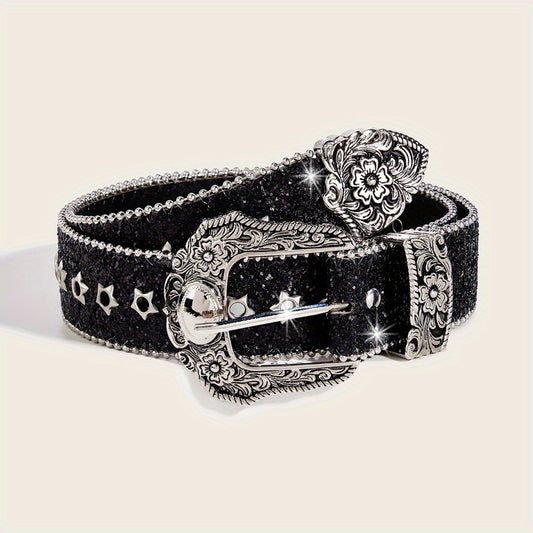 Rhinestone Belt Women Vintage Carved Buckle Waist Belt - Punk Street Style Studded Faux Crystal Dress Belt, One Size Adjustable, Trendy INS French Fashion Accessory for Party & Daily Wear