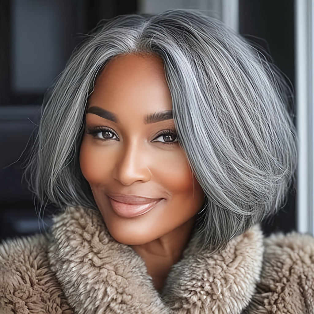 12 Inch Grey Layered Bob Wig for Women Short Bob Wig with Curtain Bangs Pixie Cut Curly Wig Synthetic Wavy Wig Daily Party Cosplay Wig