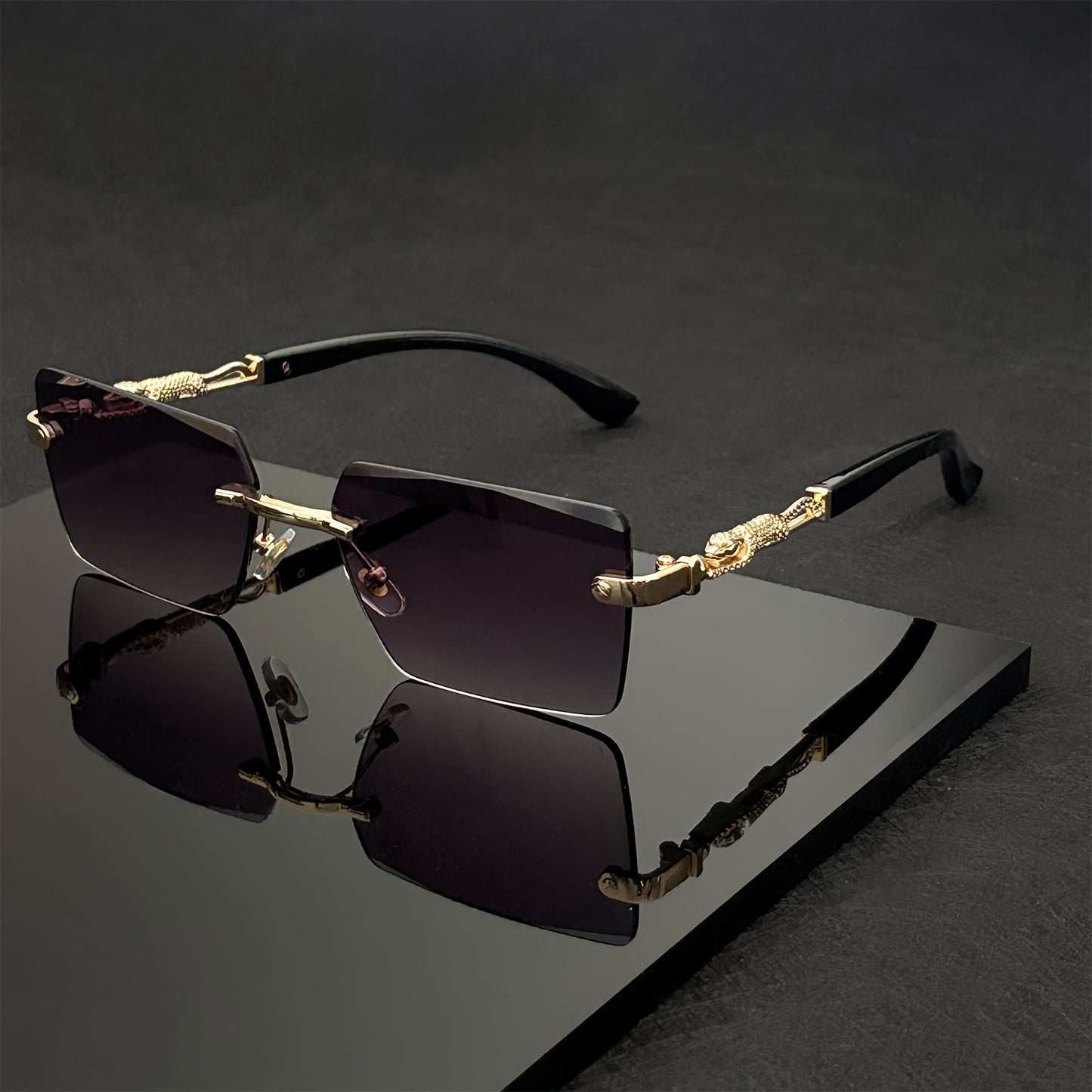Luxury Frameless Sunglasses Gold Frame Leopard Arms UV400 – Narrow Rectangular Lens Rimless Eyewear for Men Women, Driving Travel Party, 5 Lens Options, Includes Case & Cloth