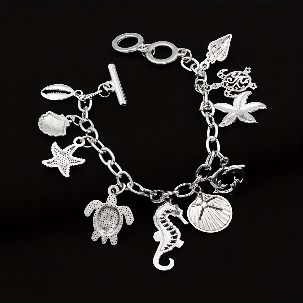 S925 Silver 1pc Ocean Style Seahorse Turtle Dolphin Starfish Sea Snails Scallop Conch Charm Pendant Chain Bracelet, Marine Animal Bracelet Friendship Jewelry Gift.Total Weight Of The Product (3g)