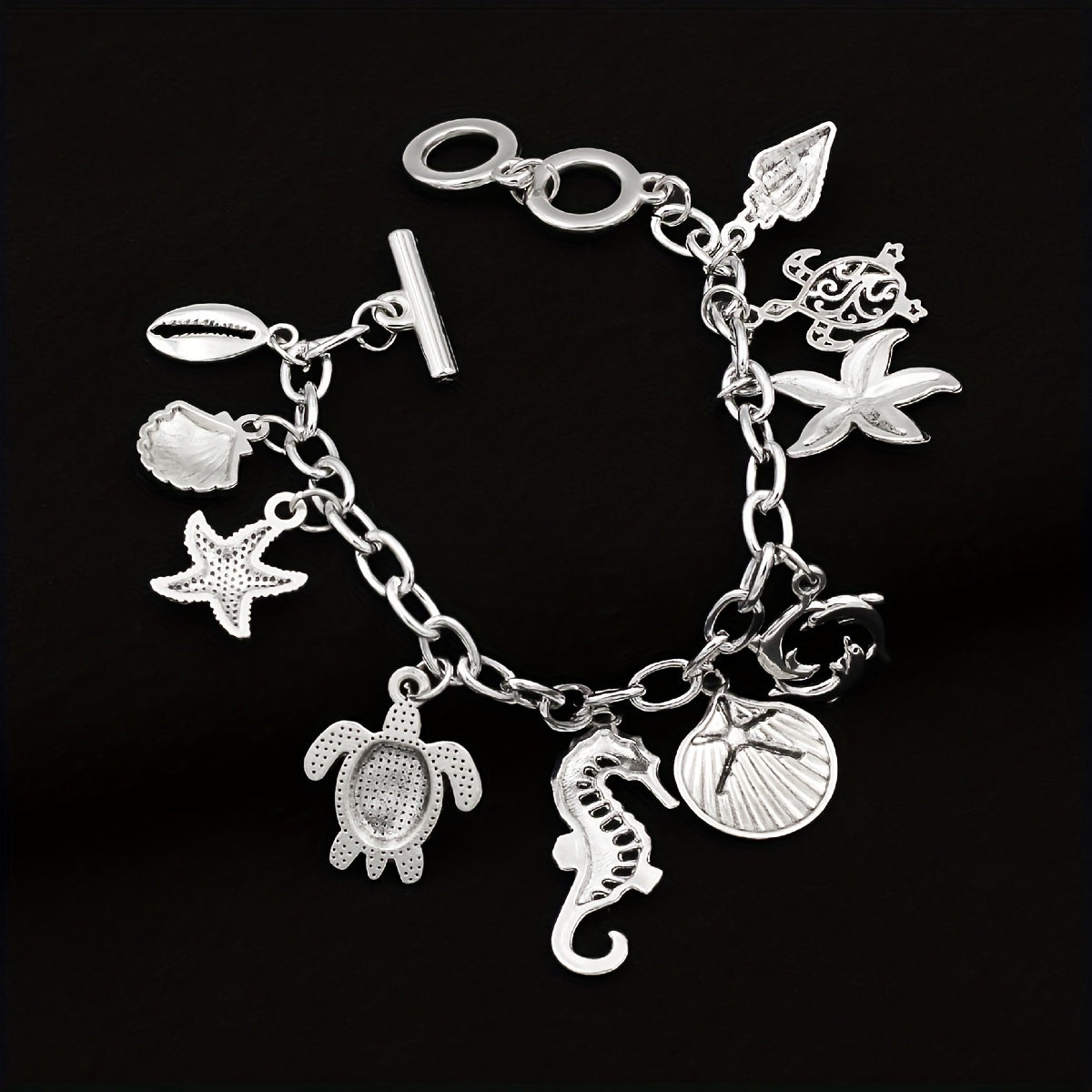 Ocean Charm Bracelet 925 Sterling Silver Marine Animal Pendant Chain Bracelet Seahorse Turtle Dolphin Starfish Conch Beach Jewelry Friendship Gift Women