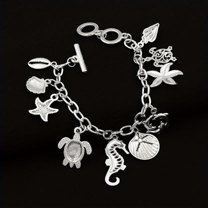 Ocean Charm Bracelet 925 Sterling Silver Marine Animal Pendant Chain Bracelet Seahorse Turtle Dolphin Starfish Conch Beach Jewelry Friendship Gift Women