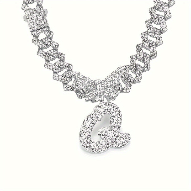 Cuban Link Chain Necklace - Initial Letter for Men Women - with Butterfly Alphabet Pendant A-Z, Gold & - product detail view