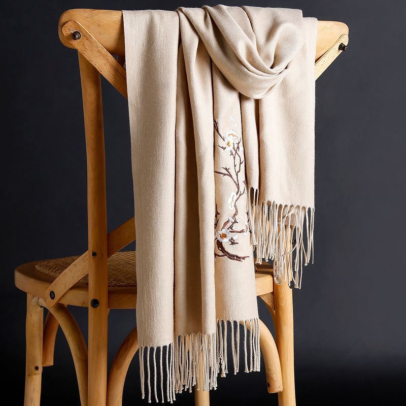 Autumn Winter Imitation Cashmere Embroidered Scarf | Ethnic Style Tassel Shawl, New Cold-Proof Warm Solid Color Women'S Neck Warmer, Vintage Craftsmanship, Hand Wash or Professional Dry Clean