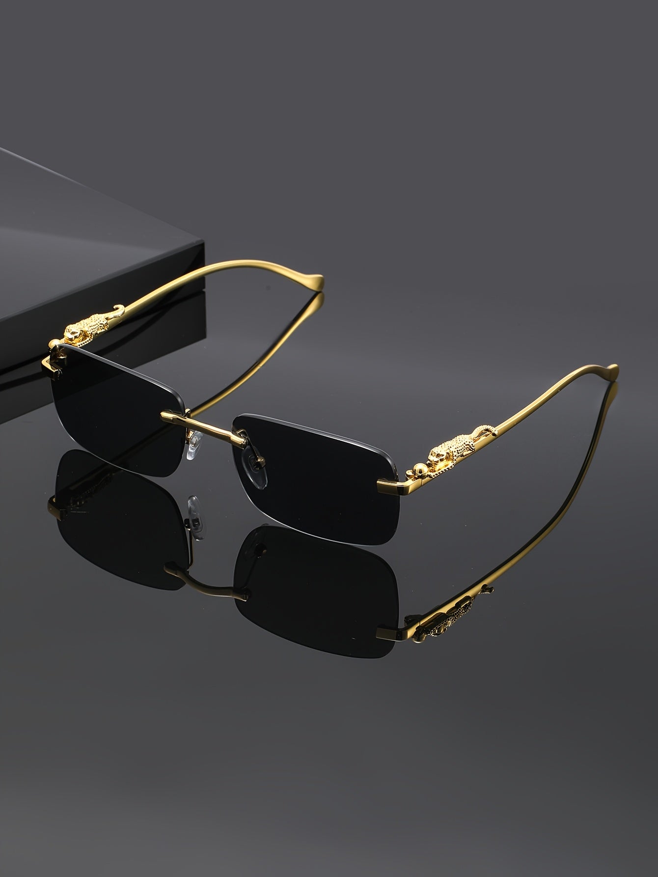 Leopard Print Sunglasses Frameless Square Gold Frame - Fashion Eyewear Unisex Men Women with Case Cleaning Cloth 3 Lens Colors