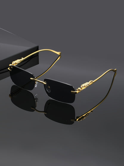 Leopard Print Sunglasses Frameless Square Gold Frame - Fashion Eyewear Unisex Men Women with Case Cleaning Cloth 3 Lens Colors