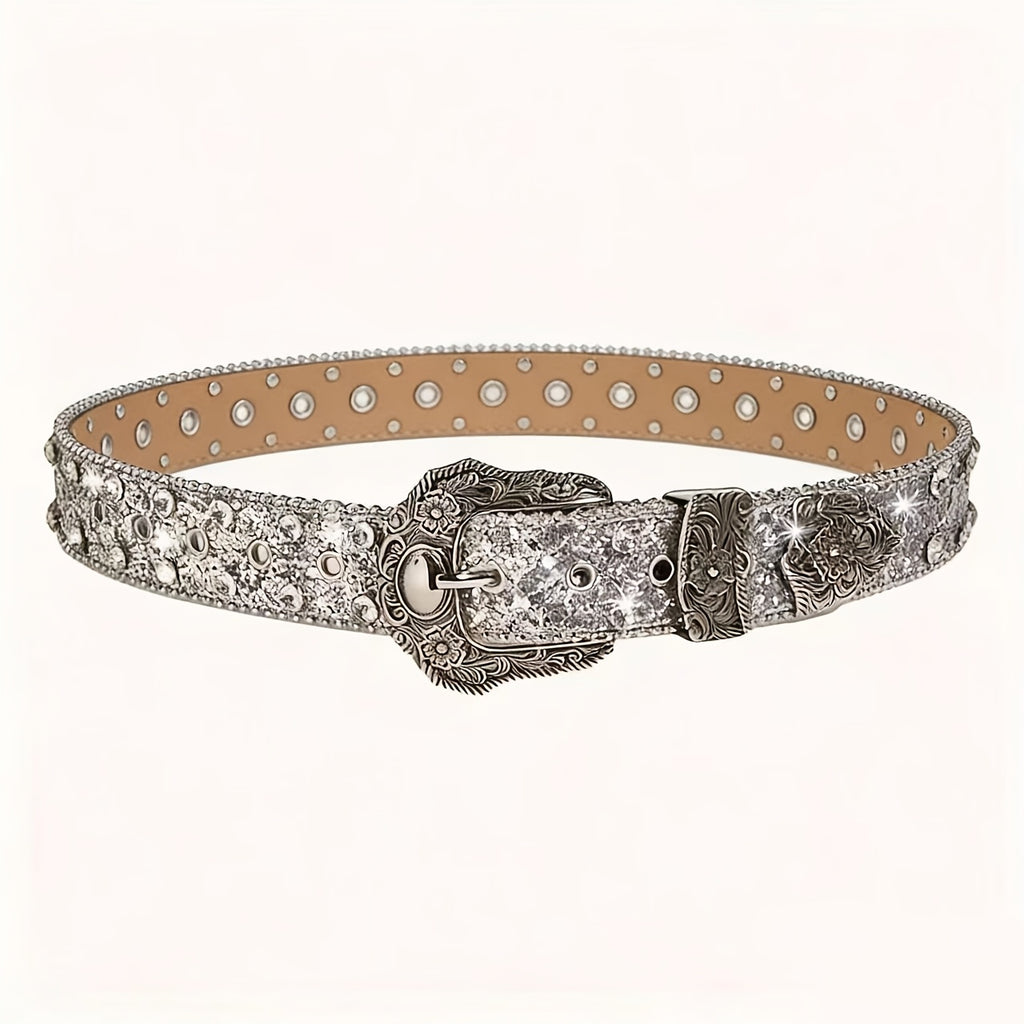 Luxurious Sparkly Sequin Belt | Black Silvery Western Punk Style Rhinestone-Embellished Belt with Rivet Decorations, Exquisitely Carved Silvery Buckle & Adjustable Holes | Daily Fashion Metal Accent for Halloween, Summer, School, Autumn, Halloween