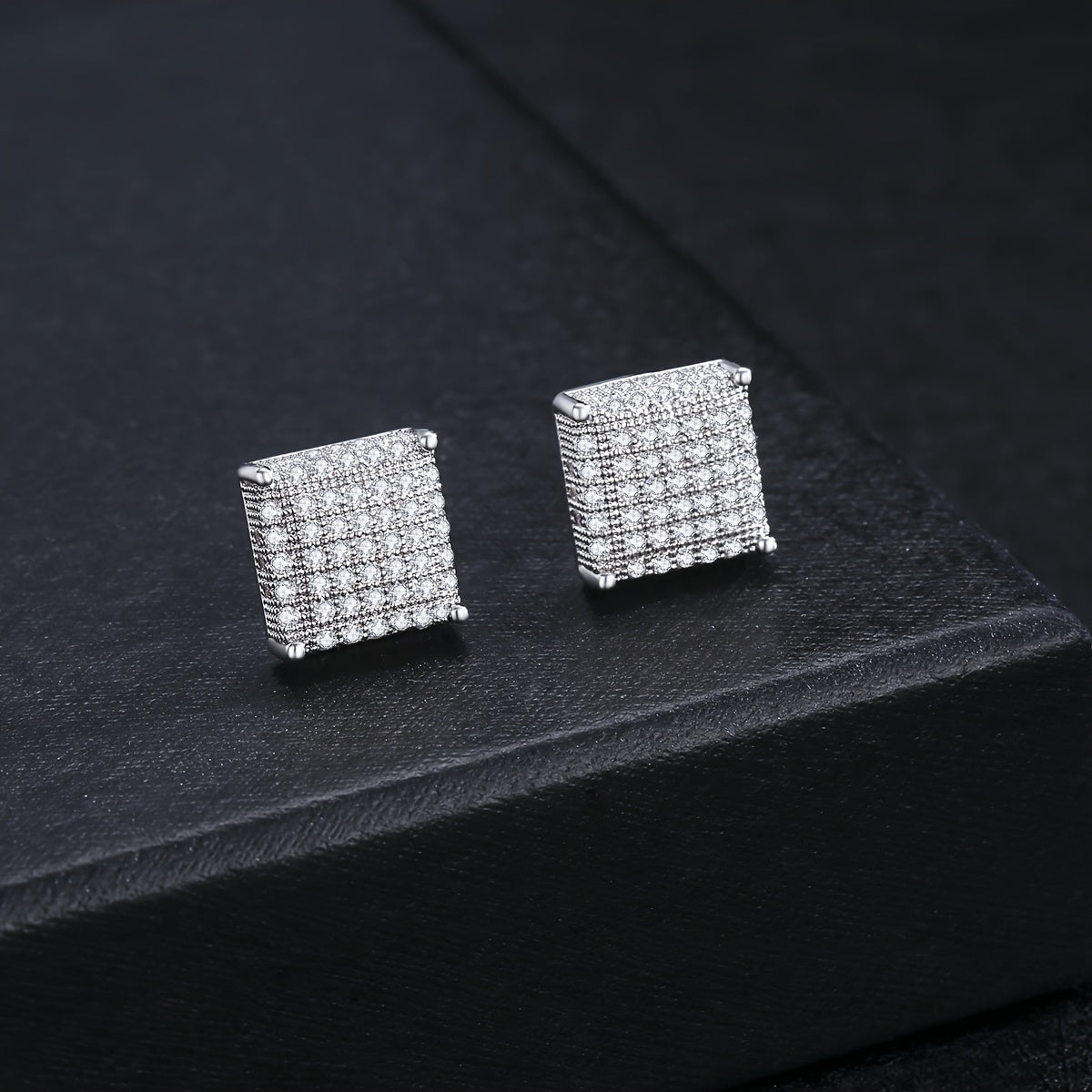 Men's Iced Out Square CZ Stud Earrings – Hip Hop Cubic Zirconia Copper Bling Earpin Streetwear Silver Black Cool Gift for Him