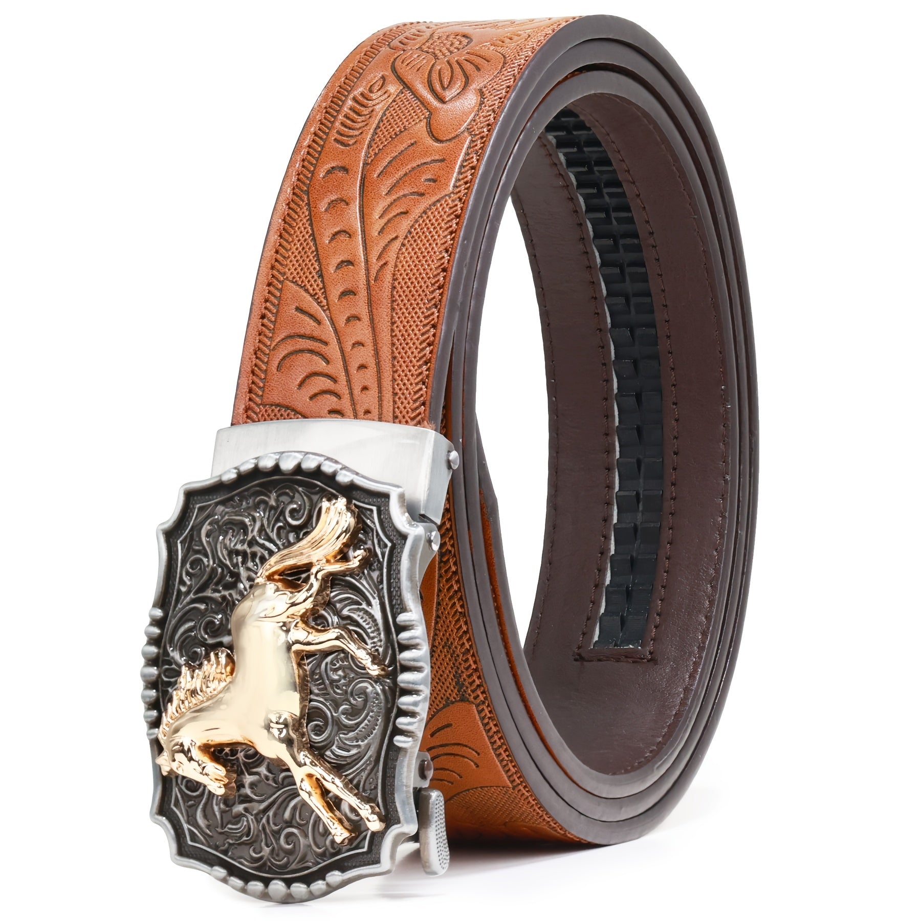 Men'S Western-Style Adjustable Belt, Synthetic Faux Leather Sliding Ratchet Belt Designed for Men, Featuring an Automatic Click Buckle Suitable for Jeans, Perfect Gifts for Father'S Day And Christmas