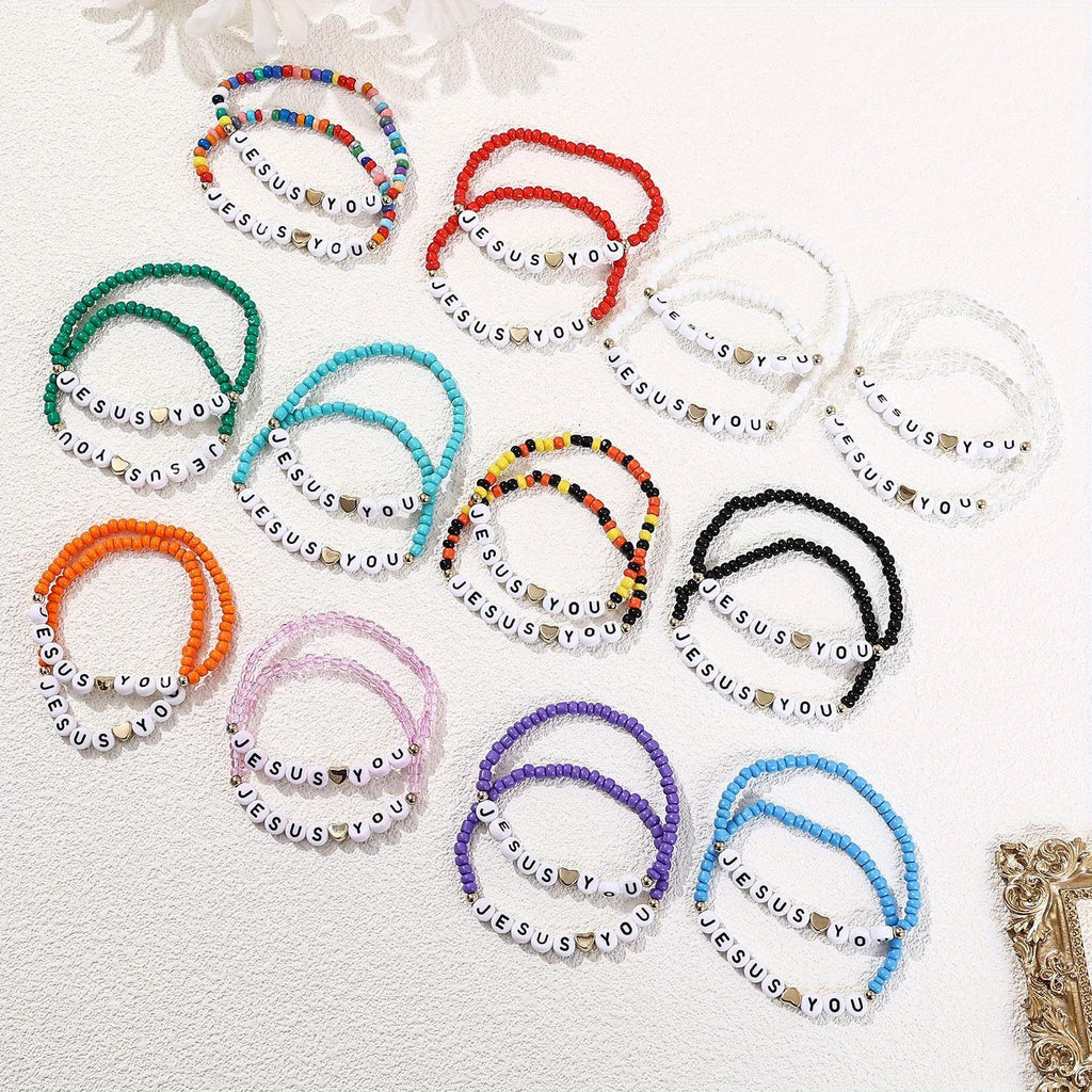 24pcs Bracelet Bulk Handmade Clay Beads Jesus Friendship Bracelet Christian Jesus Love You Jewelry Accessories Christmas Easter Gift