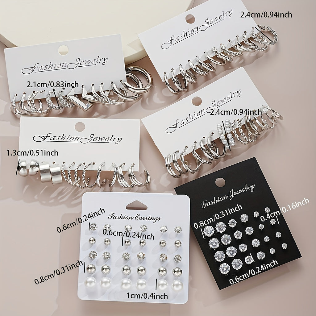 102pcs Elegant Simple Basic Geometric Geometric Rhinestones Faux Love Twisted Loop Earrings Earrings Set for Women Daily Light Luxury Match Attend A Party Vacation Dating Gift Giving (No Box)