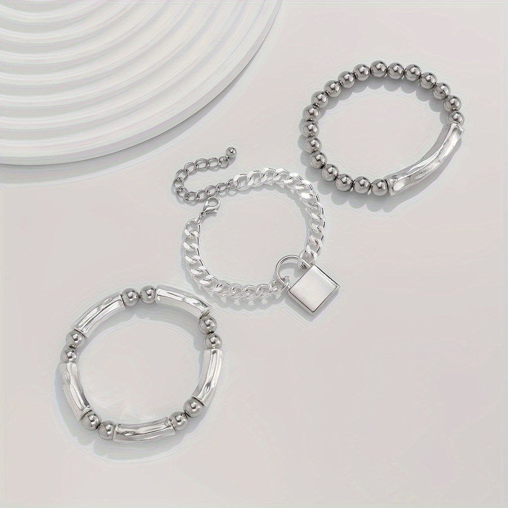 3pcs 925 Silver Exquisite Silvery Beaded Punk Bracelet Set with Lock Pendant