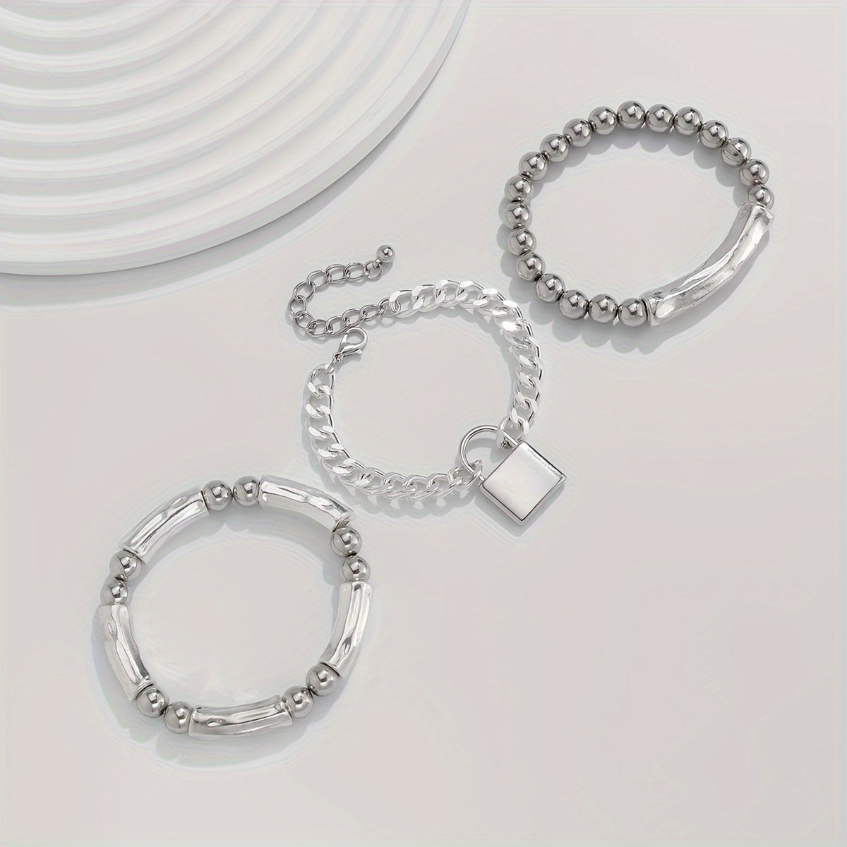 3pcs 925 Silver Exquisite Silvery Beaded Punk Bracelet Set with Lock Pendant