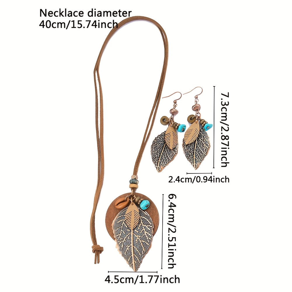 Boho Leaf Pendant Necklace & Earrings Set 3pcs for Women - Vintage Style Bohemian Jewelry Set, Versatile All-Season Accessories for Daily Wear, Vacation & Gifting