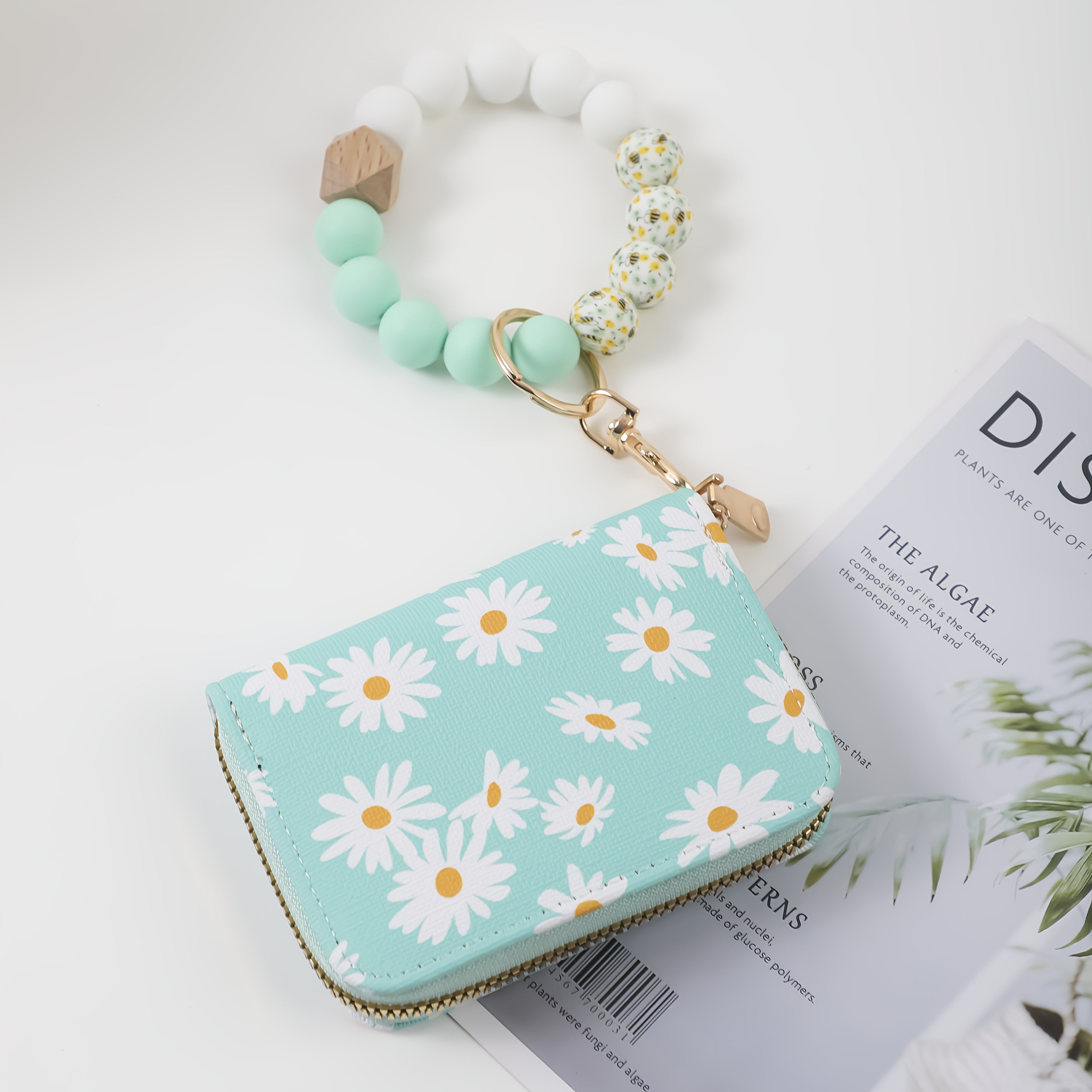 A Women's Small Daisy Fresh, Fashionable, and Sweet Accordion Cardholder Keychain. Zipper Pouch with Printed Beads, Hand-beaded Wrist Keychain. Multi-card Slot Cardholder. Women's Wrist Keyring. Bag Charm. Gift for Mom or Friend