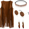 Women's 60s 70s Bohemian Hippie Costume Outfit - Fringe Vest Cowgirl Top with Brown Retro Vest Suitable for Themed Parties, Disco Events, Retro Fashion, Vintage Clothing, Style