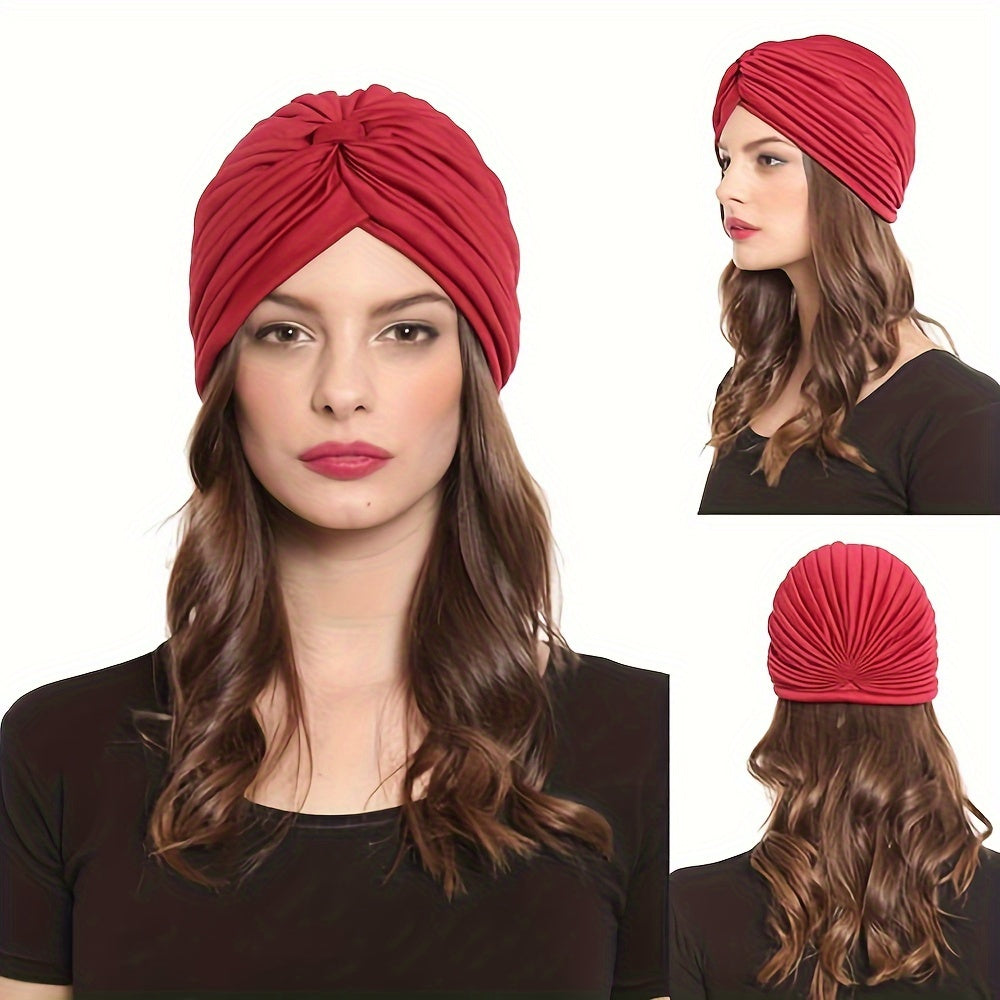 Turban Head Wraps for Women 15 Pack – Bohemian Pleated Pre-Tied Twisted Headbands, Solid Color Vintage Style Beanie Caps, Breathable Soft Hair Wraps