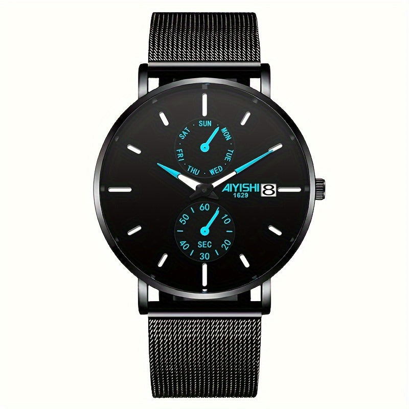 Men's Quartz Watch Stainless Steel Mesh Strap with Gift Box, Modern Slim 14mm Case Fashion Wristwatch with Color Accent Dial, Available in Black Red & Black Blue