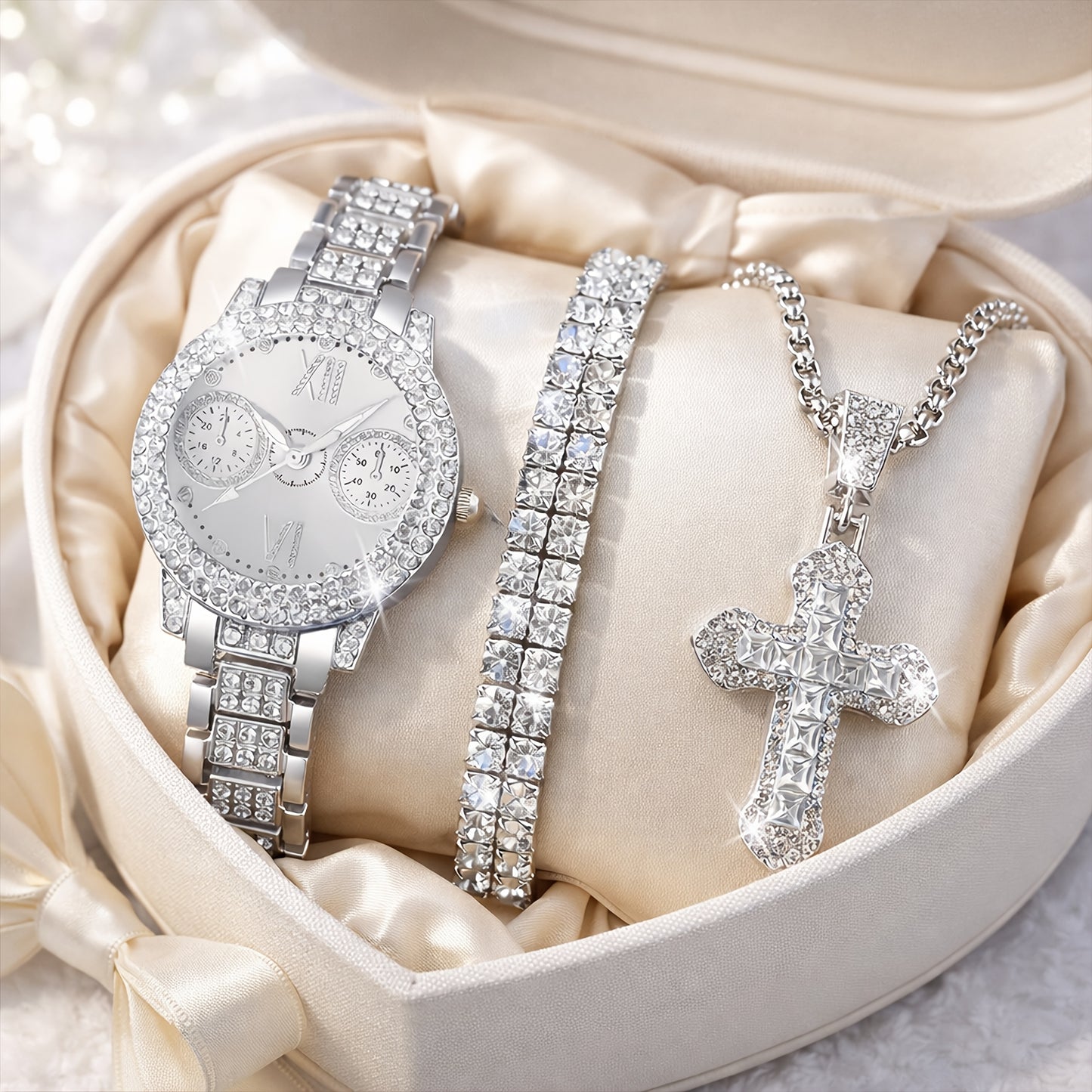 Fashion Watch and Jewelry Set 3Pcs - Rhinestone Ring Bracelet Watch Gift Set for Women, Elegant Pink Silver Quartz Watch with Matching Accessories, Ideal Birthday Gift