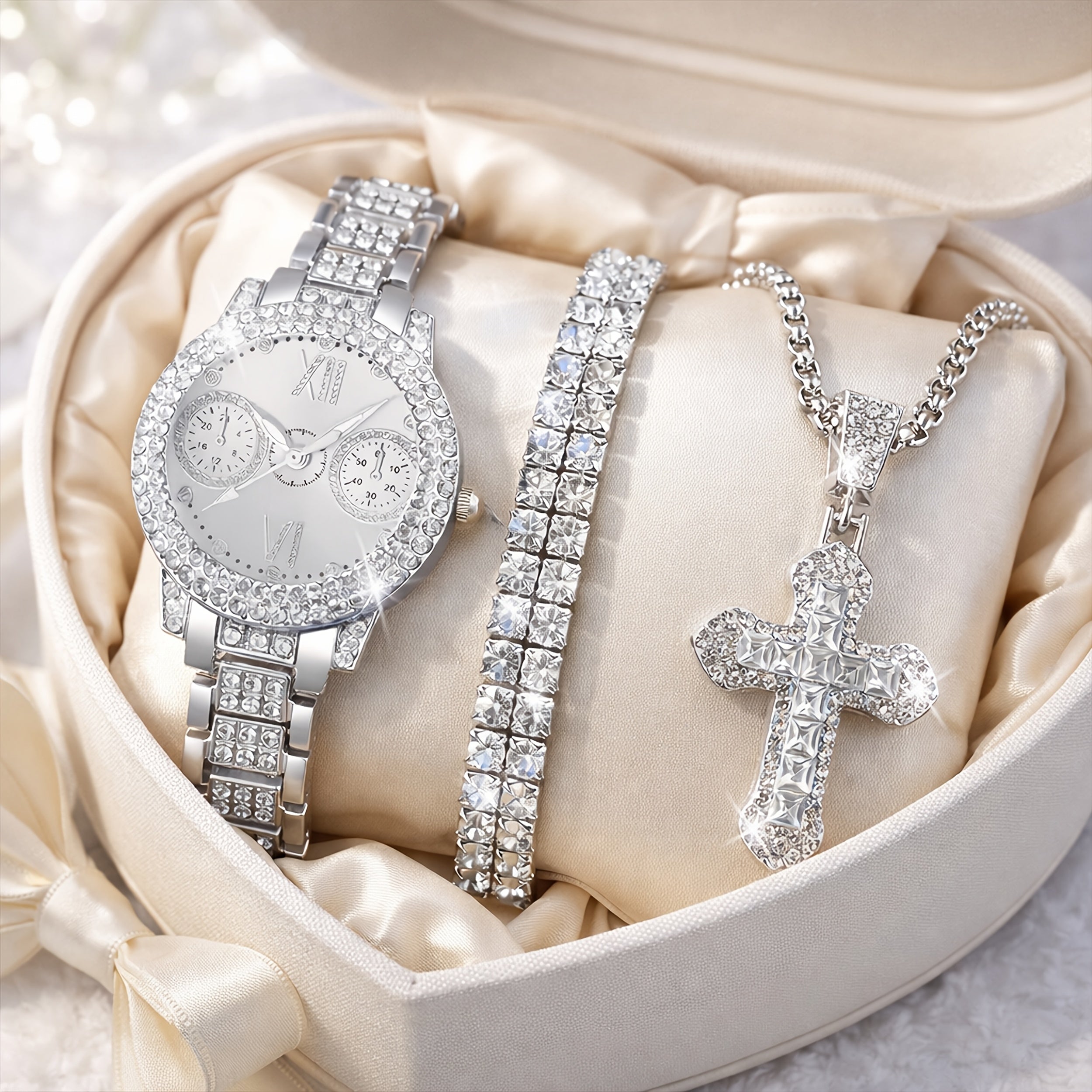 3pcs Set Fashion Watch and Jewelry Set, Elegant Pink Ring Watch Set with Rhinestone Accessories, an Ideal Gift Choice for Women