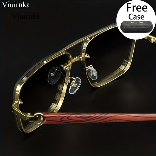 Square Sunglasses Double Bridge Wood Grain Gold Frame Gradient Lenses Unisex Retro Luxury Style Driving Travel Street Photography Holiday Gift with Case