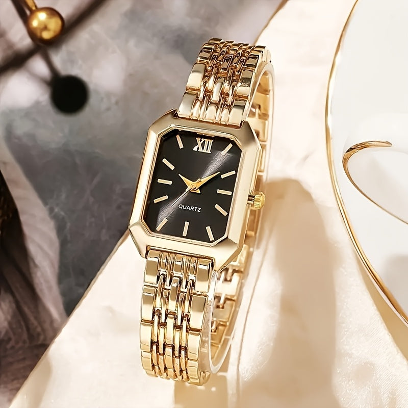2pcs Women's Elegant Golden-Tone Watch Set - Stainless Steel Quartz Analog Wristwatches with Rectangular Dial & Round Case, Non-Shock Resistant Suitable for Casual/Dressy,,, Special Occasions