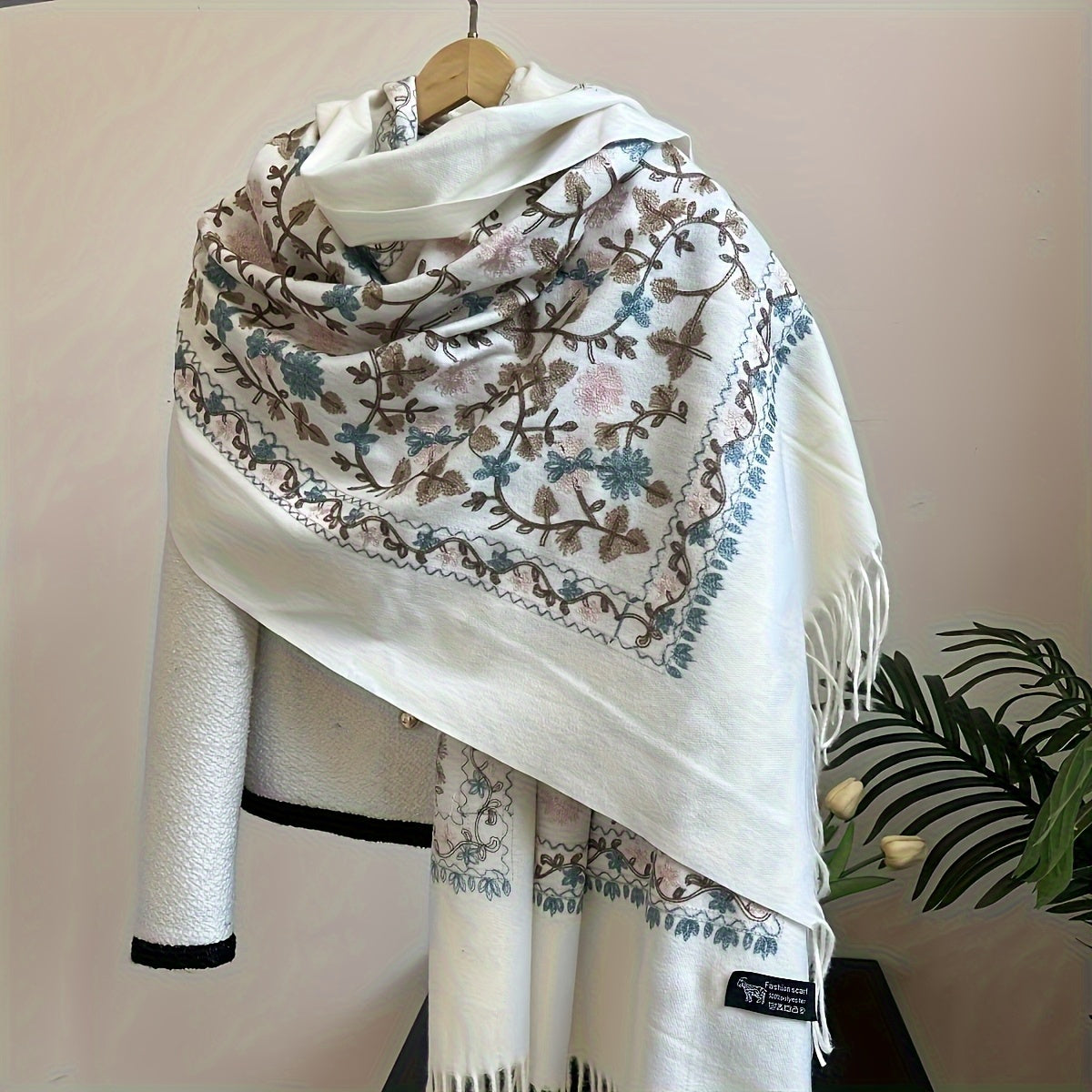 Floral Embroidered Coat & Vintage Embroidered Scarf Wrap - Bohemian Style Oversized Shawl for Spring/Fall - Versatile Warm Ethnic Print Accessory