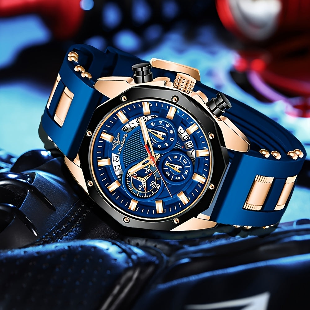 Chronograph Watch for Men - Large Dial Quartz Wristwatch with Day Date Month Display, 24H Analog, Leather Strap & Gold Buckle, Multi-Function Business Sport Dress Watch in Blue Silver Gold