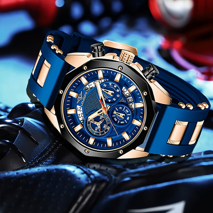 Chronograph Watch for Men - Large Dial Quartz Wristwatch with Day Date Month Display, 24H Analog, Leather Strap & Gold Buckle, Multi-Function Business Sport Dress Watch in Blue Silver Gold