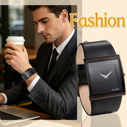 Square Dial Watch for Men - Genuine Leather Strap Quartz Wristwatch, Stainless Steel Case, Bar Scale Dial, Sports Casual Dress Watch in Black Coffee Blue Gold