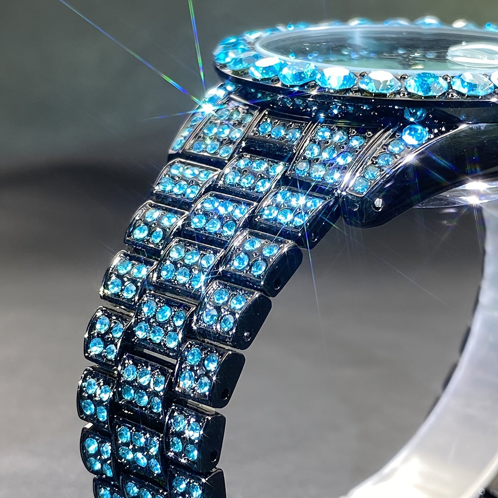 MISSFOX Luxury Rhinestone Couples' Watch - Ice Blue & Red, Quartz Movement with Calendar Feature, Luminous Display for Men and Women - Perfect Party Gift, Ice Blue Rhinestone, Unique, Fashion