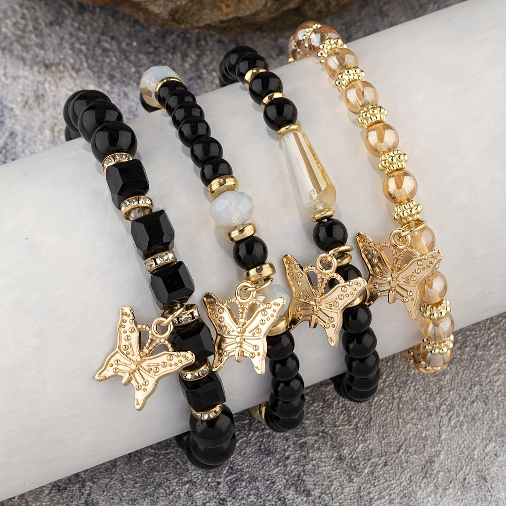 7 sets (a total of 28pcs) of multi-layer beaded stackable bracelet sets, artificial butterfly pendant jewelry sets, multi-layer beaded elastic bracelets, handmade jewelry sets -DIY beaded jewelry