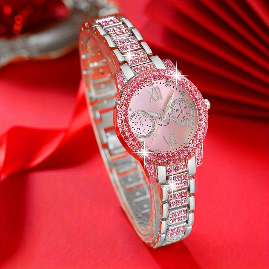 3pcs Set Fashion Watch and Jewelry Set, Elegant Pink Ring Watch Set with Rhinestone Accessories, an Ideal Gift Choice for Women