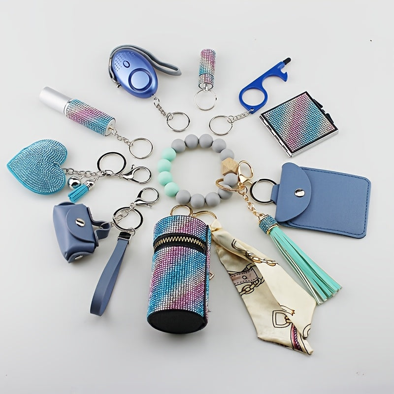 Women's Safety Keychain Set 11 Piece | Personal Alarm, Door Lock, Mirror, Lipstick Case & More – Customizable Hanging Accessory Kit, Perfect Christmas Gift for Women