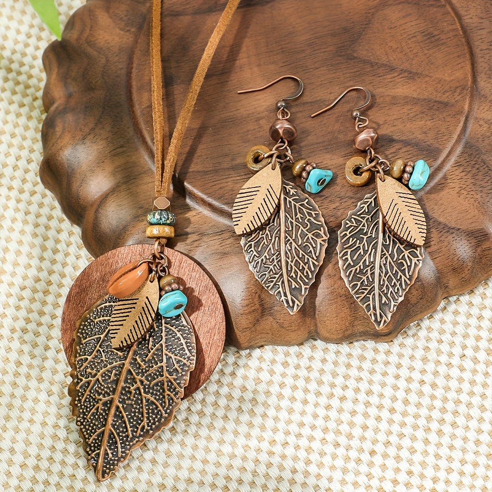 Boho Leaf Pendant Necklace & Earrings Set 3pcs for Women - Vintage Style Bohemian Jewelry Set, Versatile All-Season Accessories for Daily Wear, Vacation & Gifting