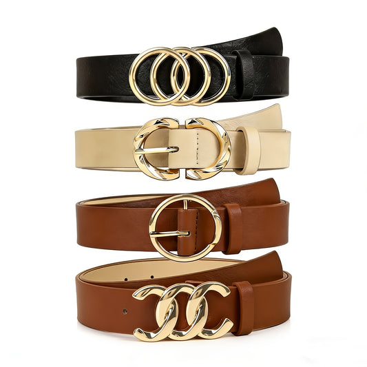 Women's Belt Set 4Pcs - Retro Gold Metal Buckle Adjustable Fashion Waist Belts for Jeans Dresses & Skirts, Elegant Vintage Style Daily Casual Outfit Accessories, One Size