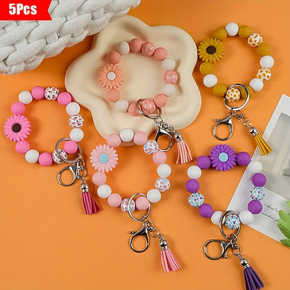 Daisy Flower Silicone Keychain Set 5pcs – Printed Wooden Bead Key Ring, Boho Floral Charm Accessory, Ideal Holiday Gift for Women & Girls