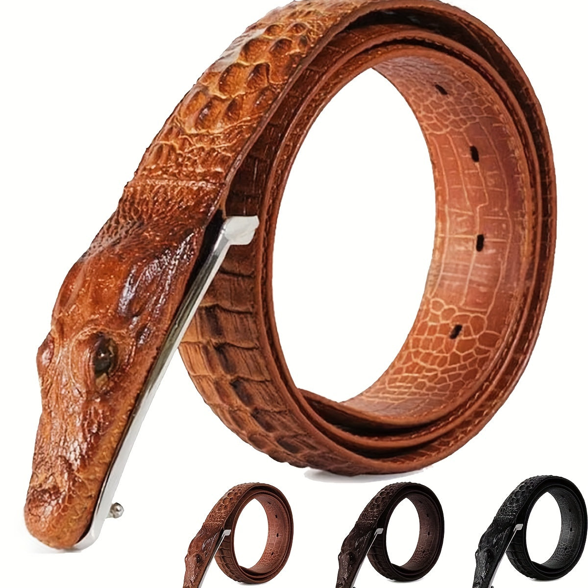 Men's Crocodile Pattern Design Belt Crocodile Leather Embossed Belt Two-layer Cowhide Belt