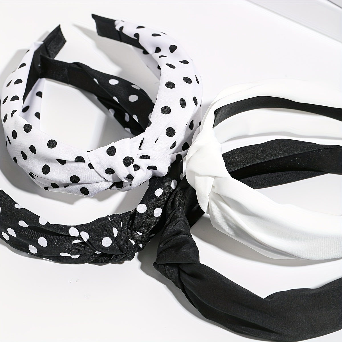 Knotted Headbands for Women 4 Pack – Wide Brimmed Polka Dot Hair Bands, Black & White Retro Minimalist Bow Knot Head Wrap, Stylish Cute Hair Accessories for Daily Wear & Casual Outfits